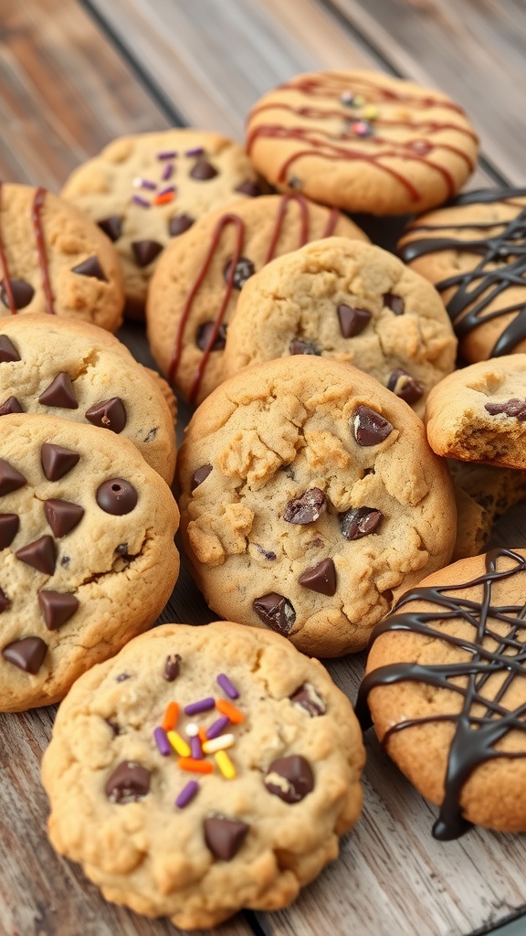 An assortment of cookies with names like Choco Bliss Bites and Nutty Dream Delights, presented on a wooden table.